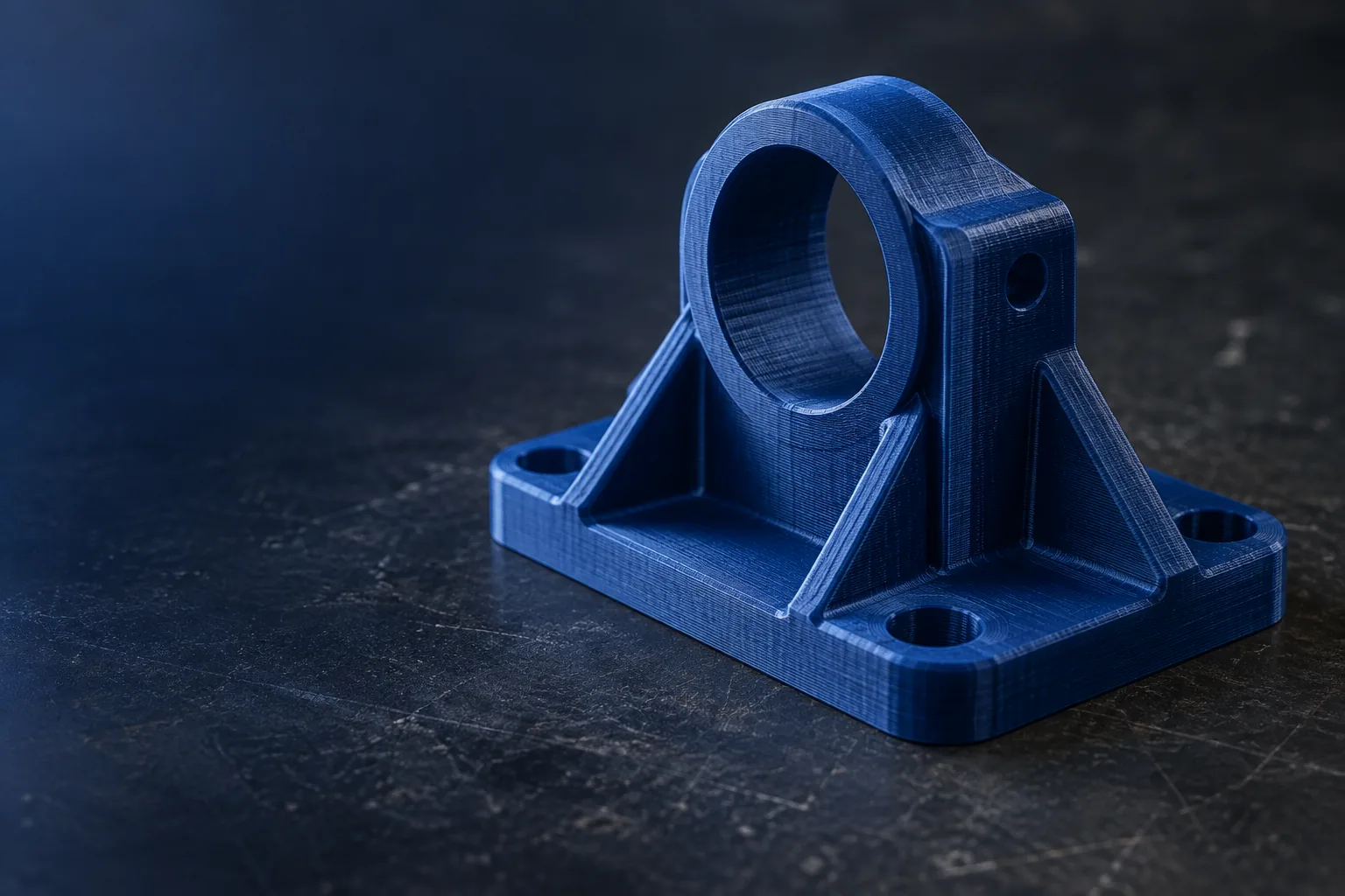 Blue 3D printed mounting bracket showing the layered finish of filament printing